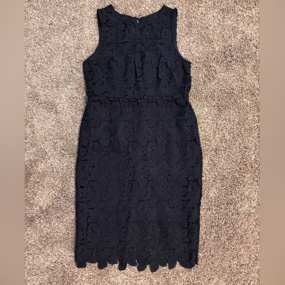 LOFT Petite Navy Lace Sheath Dress Sleeveless Floral Crochet Elegant Size 8P - Picture 2 of 12